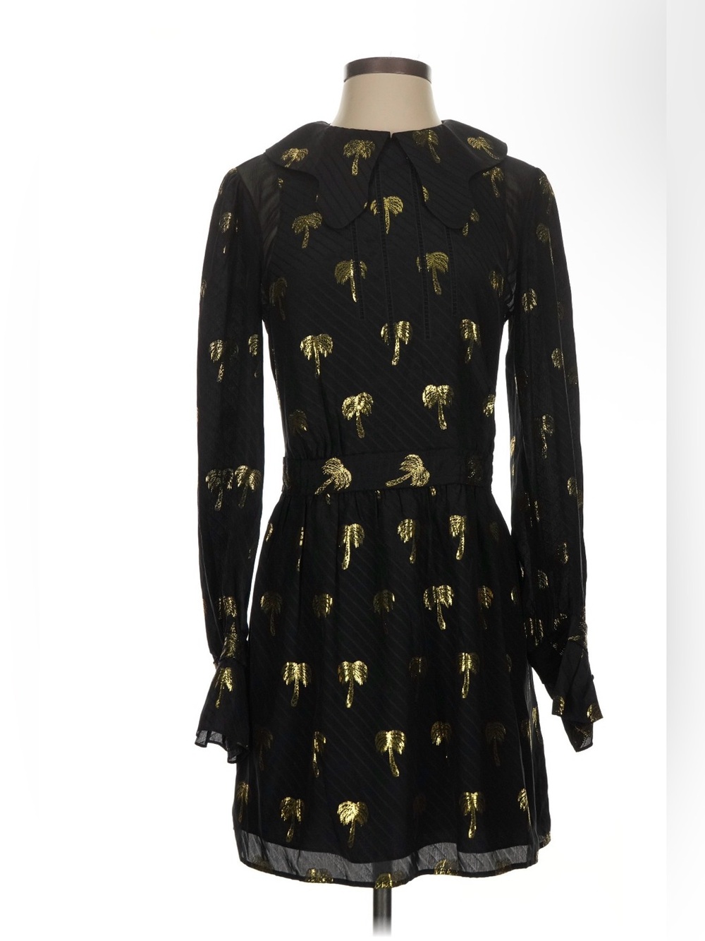 Coach 1941 Page Boy Silk Black Long-Sleeve Dress with Gold Palm Motifs